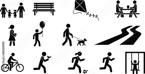 Set of Park and Outdoor Activity Stick Figure Icons Showing Family, Bench, Kite, Picnic, Walking, Cycling, Running, and Playground Symbols
