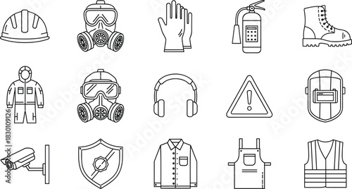 Set of Workplace Safety and Personal Protective Equipment (PPE) Line Icons Including Hard Hat, Respirator, Gloves, Boots, and Fire Extinguisher Symbols