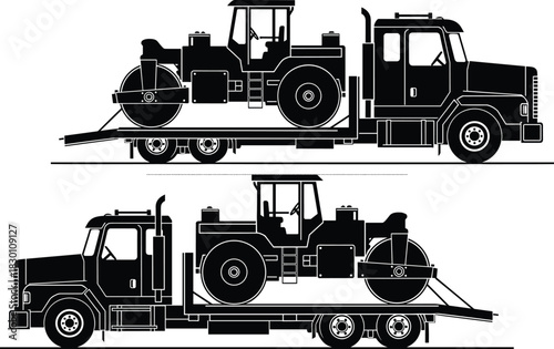 Heavy Road Roller Compactor Machine Loaded on Flatbed Tow Truck Hauling Construction Equipment Silhouette View Black and White Vector Illustration
