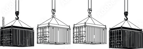 Shipping Container Lifted by Crane Hook Vector Set Showing Cargo Transport, Freight Logistics, Global Trade, and Industrial Line Art Illustration