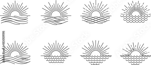 Set of Sun and Sea Horizon Line Icons Showing Sunrise, Sunset, Beach, Ocean Waves, Water, Tropical Travel, and Summer Vacation Symbols