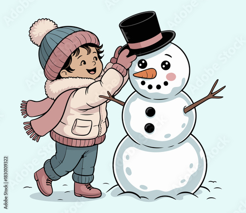 Winter Wonderland Adventure with Snowman and Child Wearing Scarf