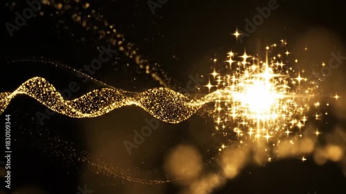 Abstract Golden Swirls Of Glittering Particles And Stars Bursting With Light On A Dark Background With Soft Bokeh Highlights