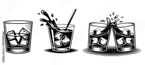 Whiskey Splash Glass vector art, Whiskey Cheers, Black and White Ice Cold Drinks, Cocktails illustrated in a sketchy black and white style, Vector illustration