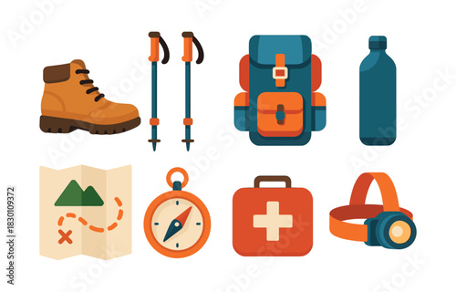 Hiking gear essentials, backpack, compass, and map, flat vector illustration
