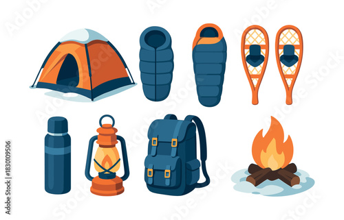 Camping gear essentials, flat vector illustration, hiking, backpack, lantern