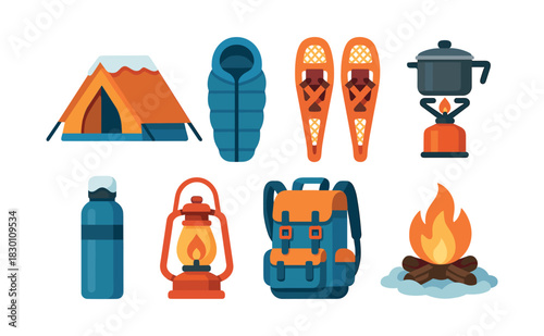 Camping gear essentials, flat vector illustration with outdoor equipment