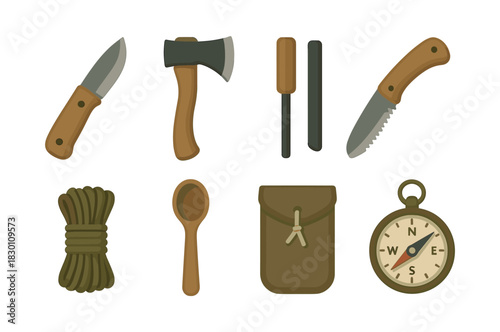 Camping gear essentials, flat vector illustration, tools, knife, compass