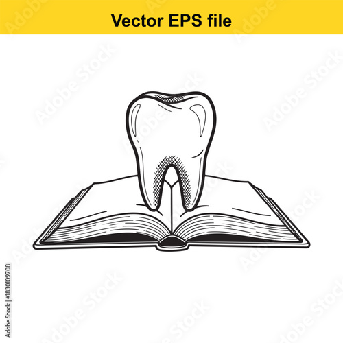Black and white vector illustration of a molar tooth resting on an open book, symbolizing dental education, knowledge, or oral hygiene study, isolated on white background