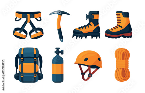 Climbing equipment set, harness, boots, helmet, flat vector illustration