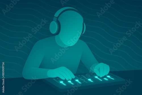 Musician mixing audio tracks on sound board with headphones illustration