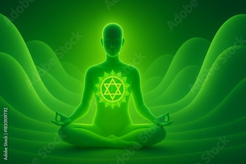 Spiritual person meditating with glowing heart chakra symbol illustration
