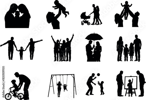 Family silhouettes collection parents children activities and love
