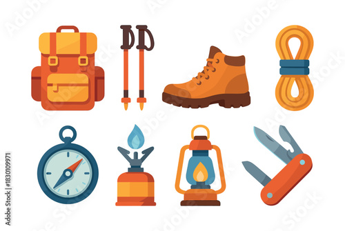 Camping gear essentials, flat vector illustration, backpack, compass, and lantern
