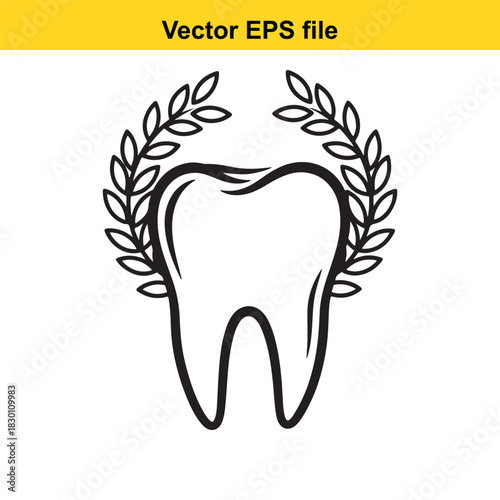 Black and white line art vector illustration of a healthy molar tooth encircled by a laurel wreath, symbolizing dental excellence and achievement, isolated on white background