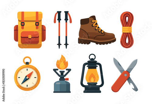 Hiking gear essentials, flat vector illustration of camping equipment
