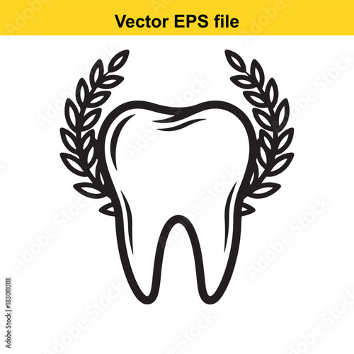 Black and white outline vector illustration of a healthy molar tooth surrounded by a laurel wreath, perfect for dental clinic logo or award icon, isolated on white background