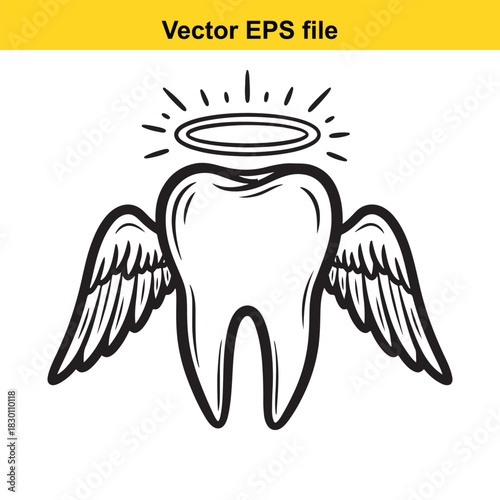 Black and white vector illustration of a tooth with angel wings and a halo, symbolizing perfect dental health or a guardian of teeth, isolated on white background