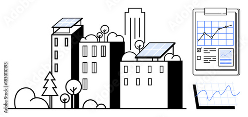 Urban buildings with solar panels surrounded by trees, clipboard and graphs for energy tracking. Ideal for sustainability, green energy, urban planning, eco-innovation, renewable energy, data