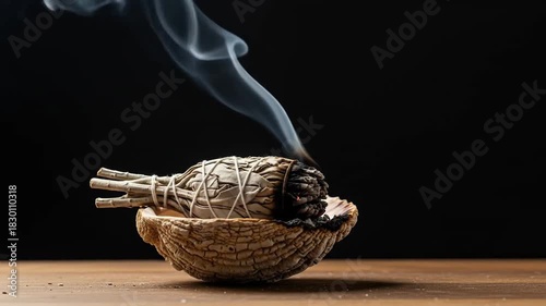 Burning Sage Smudging Stick Emitting Wisps of Smoke Against a Dark Background on a Wooden Surface Ritualistic Cleansing and Purification