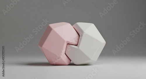 Interlocking faceted 3D shapes in pastel pink and white tones representing perfect match and synergy with copy space