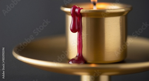 Golden brass candle cup with melting red wax drops representing gothic mystery and elegance against dark blurred background