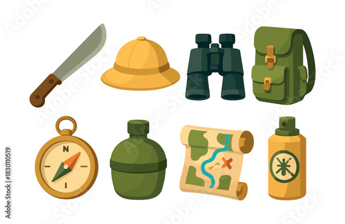 Adventure equipment collection, compass, binoculars, flat vector illustration
