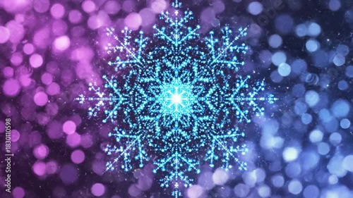 Central Glowing Blue Snowflake Animated Background With Soft Bokeh Effect In Purple And Blue Tones On A Dark Backdrop