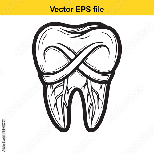 Black and white line art vector illustration of a human molar tooth showing roots and an infinity symbol wrapped around the crown, isolated on white background
