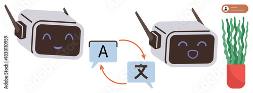 Two smiling robots connecting via language translation, symbolized by speech bubbles and arrows. Ideal for AI, communication, diversity, teamwork, innovation, technology, and translation concepts