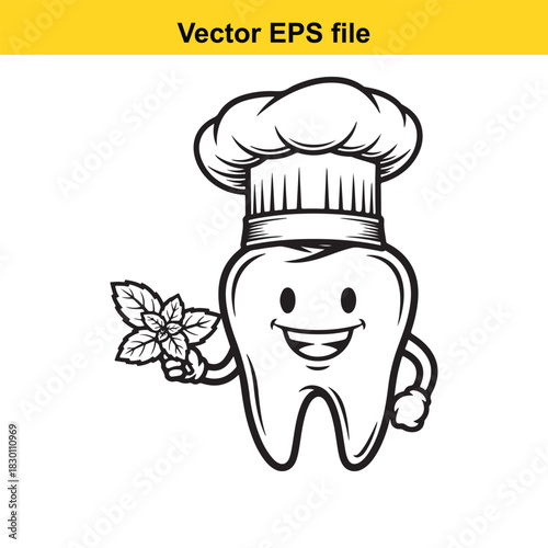 Cute cartoon tooth character wearing a chef hat and holding fresh mint leaves in a black and white vector illustration, isolated on white background