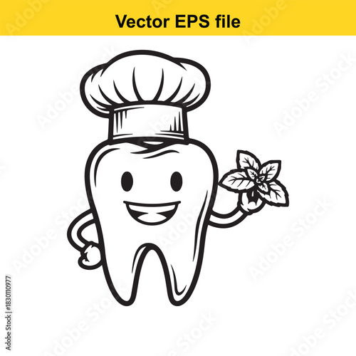 Funny cartoon molar tooth character wearing a chef hat and holding a mint leaf sprig, isolated on white background
