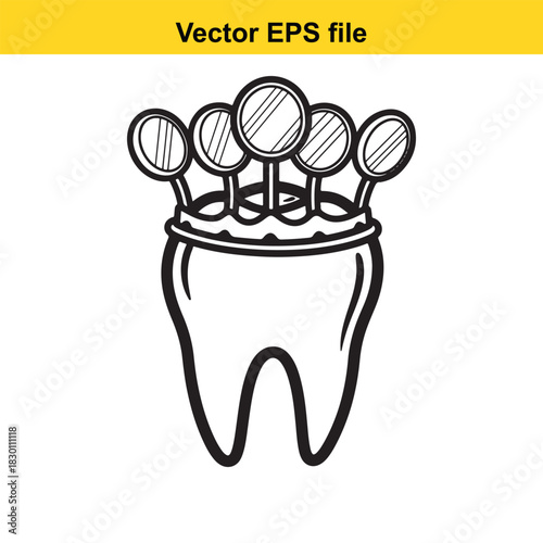 Black and white vector line art icon of a tooth wearing a crown made of dental mirrors, symbolizing dental care and oral hygiene, isolated on white background