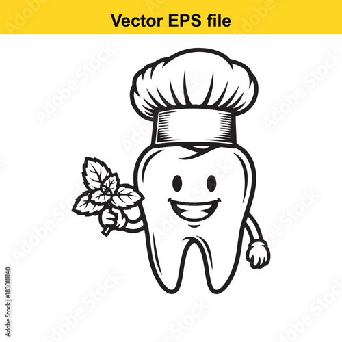Funny cartoon tooth character wearing a chef hat and holding fresh mint leaves for dental health and fresh breath concept, isolated on white background