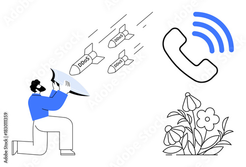 Person using shield to block cyberattack missiles labeled DDoS, a phone symbolizing communication, flowers representing tranquility. Ideal for cybersecurity, technology, communication, nature