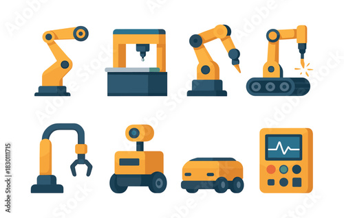 Industrial robotics set, flat vector illustration of automated machinery and devices
