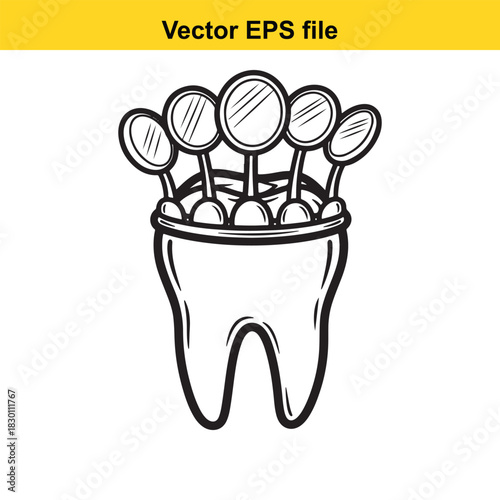 Black and white line art vector illustration of a large molar tooth holding several dental mouth mirrors in its crown, isolated on white background