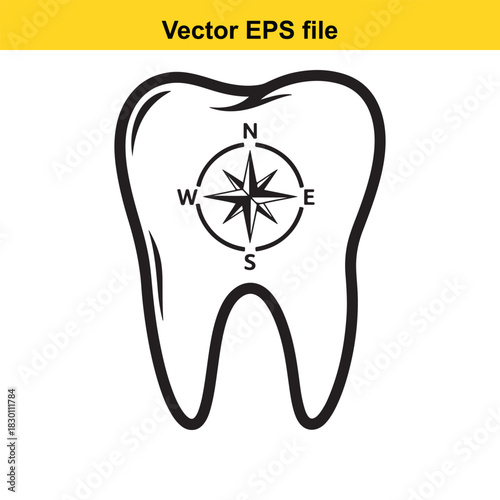 Black and white vector illustration of a human molar tooth with a compass rose symbol inside, representing dental navigation or direction, isolated on white background