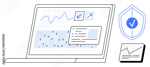 Laptop screen displaying graphs, charts, and data insights, with shield emblem for security. Ideal for data analytics, cybersecurity, productivity, digital tools, financial growth tech strategy or