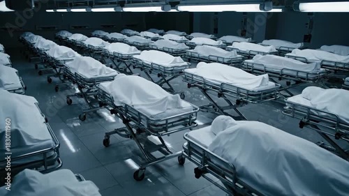 Dozens of Bodies Covered in White Sheets Lined Up on Stretcher Carts in a Large Dark Hall with Overhead Lighting and a Sense of Gloom