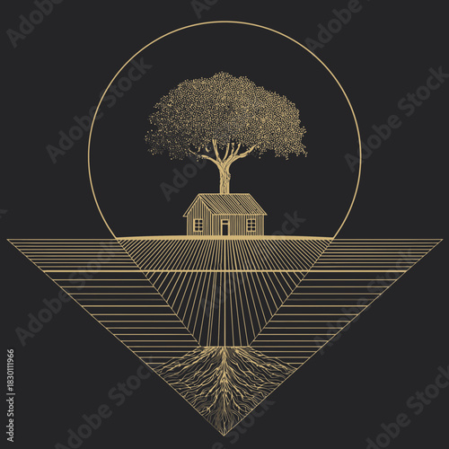 Symbolic depiction of a tree growing from a house with geometric lines
