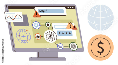 Computer screen displaying warning icons, malware, phishing, analytics, and cybersecurity alerts. Ideal for hacking, online safety, cybercrime, internet threats secure browsing global risks simple