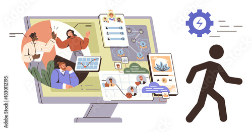 Diverse team collaboration, task management tools, interconnected visuals on a computer screen, and progress symbol. Ideal for teamwork, technology, productivity, workflow, strategy management