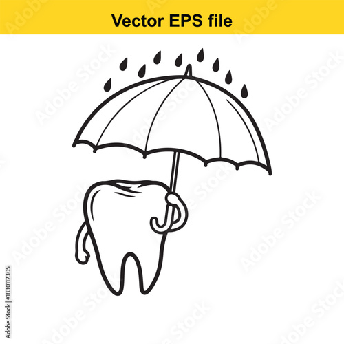 Funny black and white line art vector illustration of a cartoon tooth character holding an umbrella to protect itself from the rain drops isolated on white background