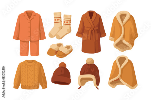Warm winter clothing, flat vector illustration, pajamas, sweaters, and hats