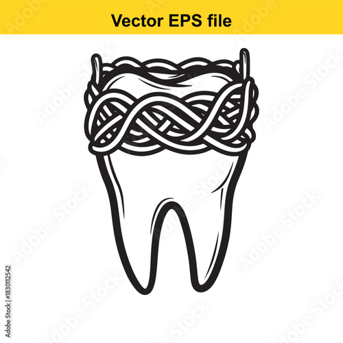 Black and white line art vector illustration of a molar tooth wrapped with tangled spaghetti or pasta, symbolizing dental health concept or food impact on teeth, isolated on white background