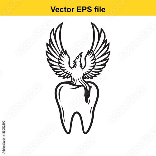 Black and white vector illustration of a majestic eagle with spread wings perched atop a large molar tooth, isolated on white background