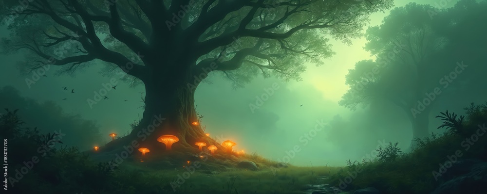 Fototapeta premium Misty green forest scene with large ancient tree bioluminescent mushrooms glowing at base. Birds fly through ethereal fog sunlight filters down.