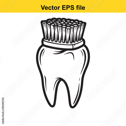 Black and white line art vector illustration of a molar tooth with a toothbrush head attached to the top, symbolizing dental hygiene and oral care, isolated on white background