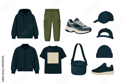 Man's fashion essentials, flat vector illustration of outfits and accessories